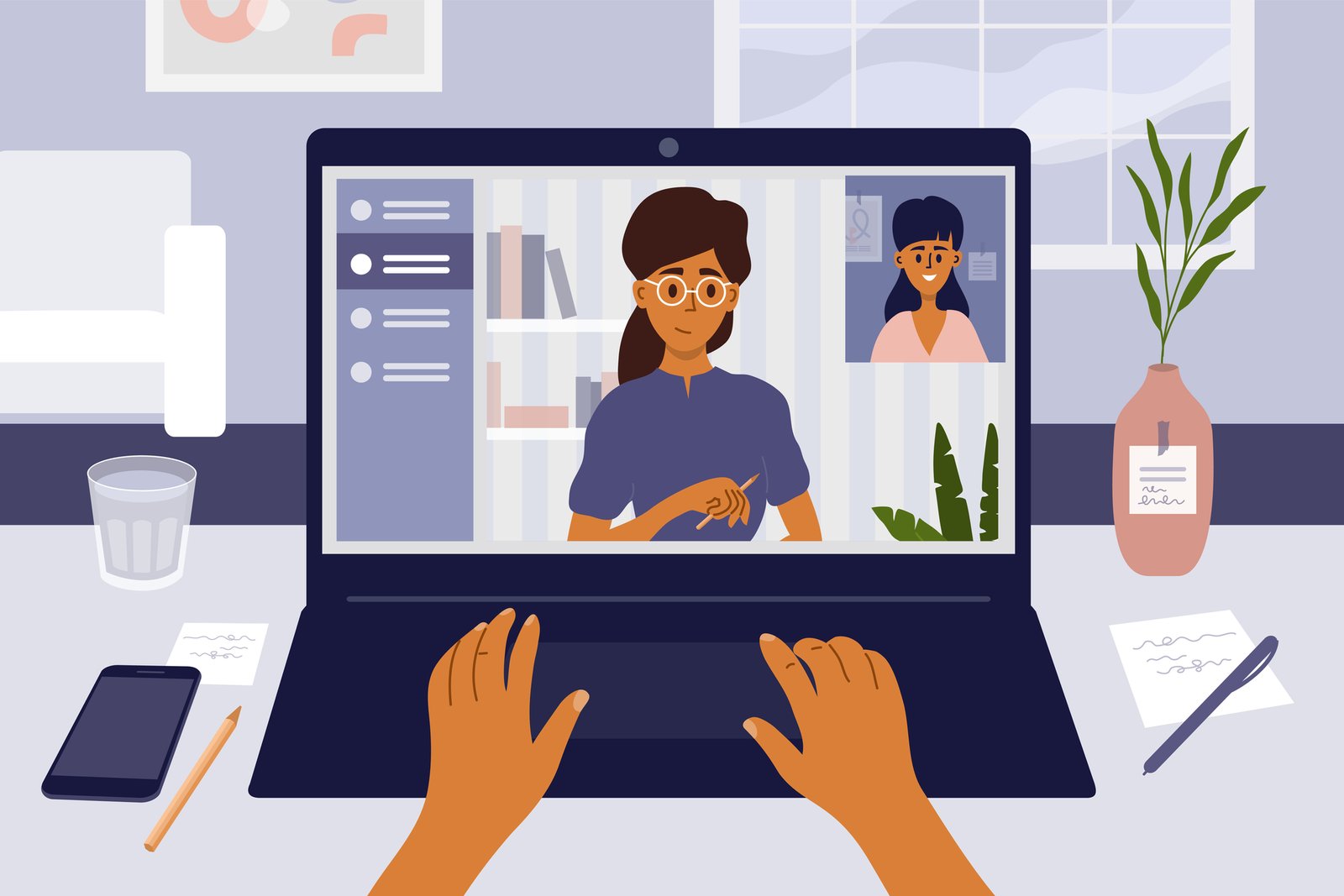 Online employment and job interview by video call using laptop